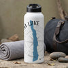 White water bottle with blue Michigan outline, compass, and text.