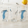 Three clear glasses with blue Lake Michigan outline and compass design.