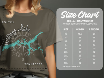 Size chart for Bella + Canvas 3001 unisex t-shirt with measurements.