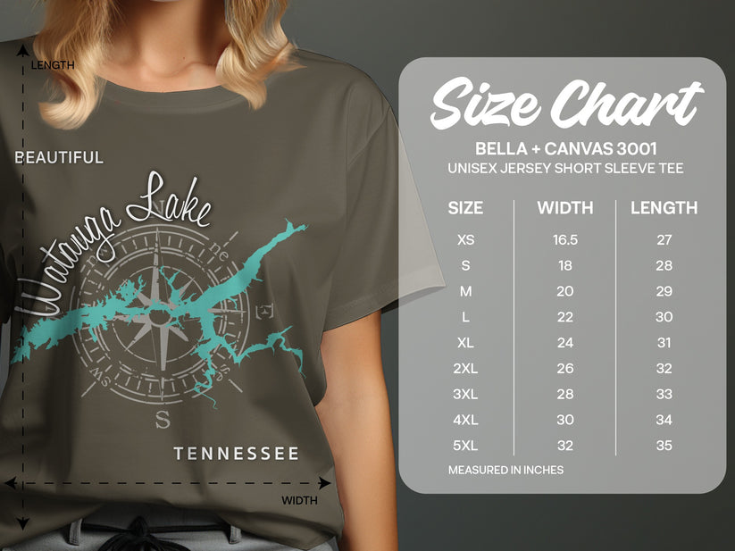 Size chart for Bella + Canvas 3001 unisex t-shirt with measurements.