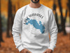 White sweatshirt with blue Lake Wawasee Indiana map and compass graphic.