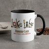 White mug with "Lake Life" text and Shuswap Lake, British Columbia design.