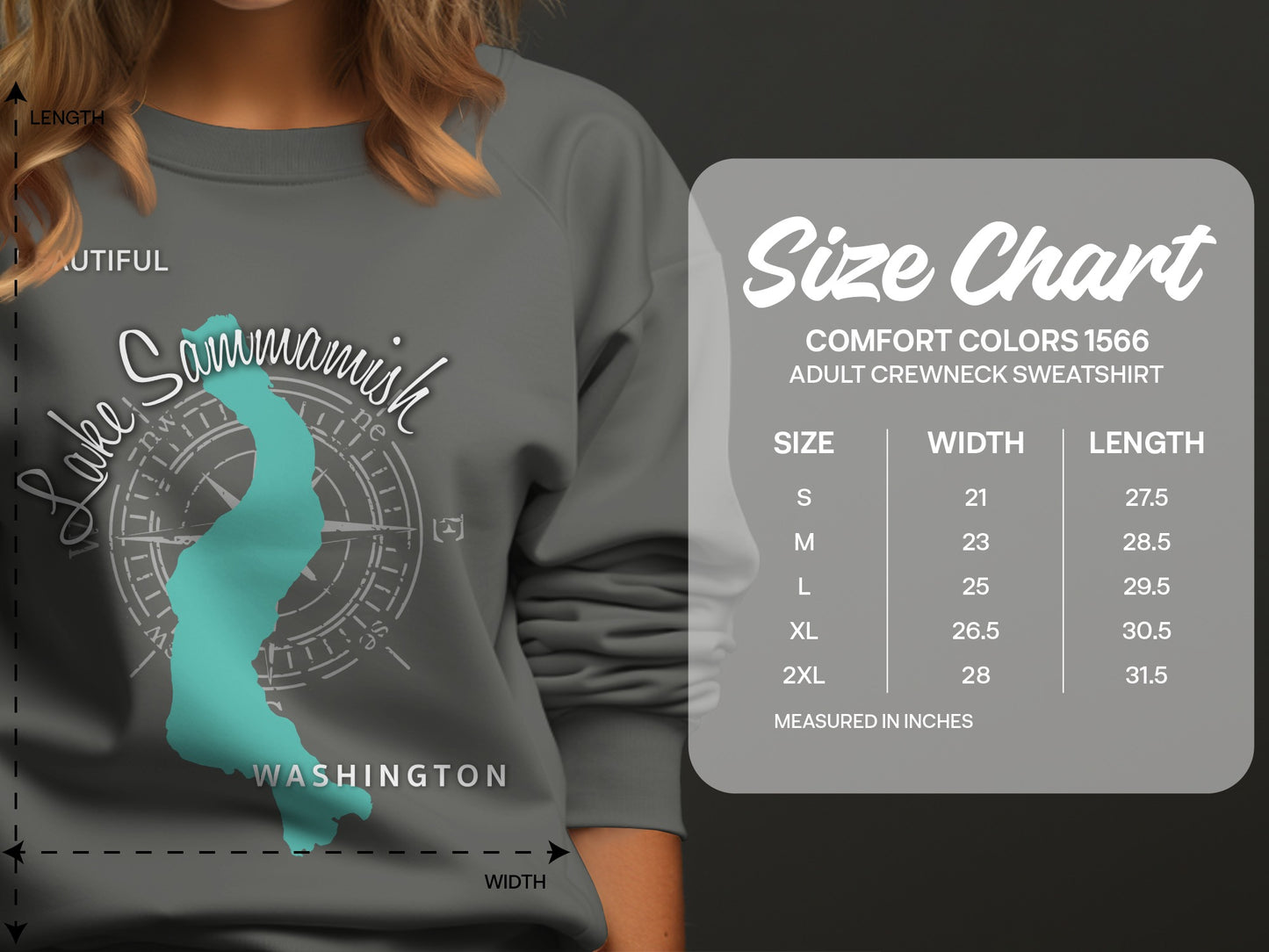 Comfort Colors 1566 sweatshirt size chart with Lake Sammamish graphic.