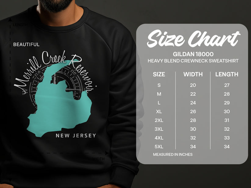 Sweatshirt size chart with "Merrill Creek Reservoir" graphic and dimensions.