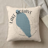 Cushion with a light blue Lake Mohave map outline and text.