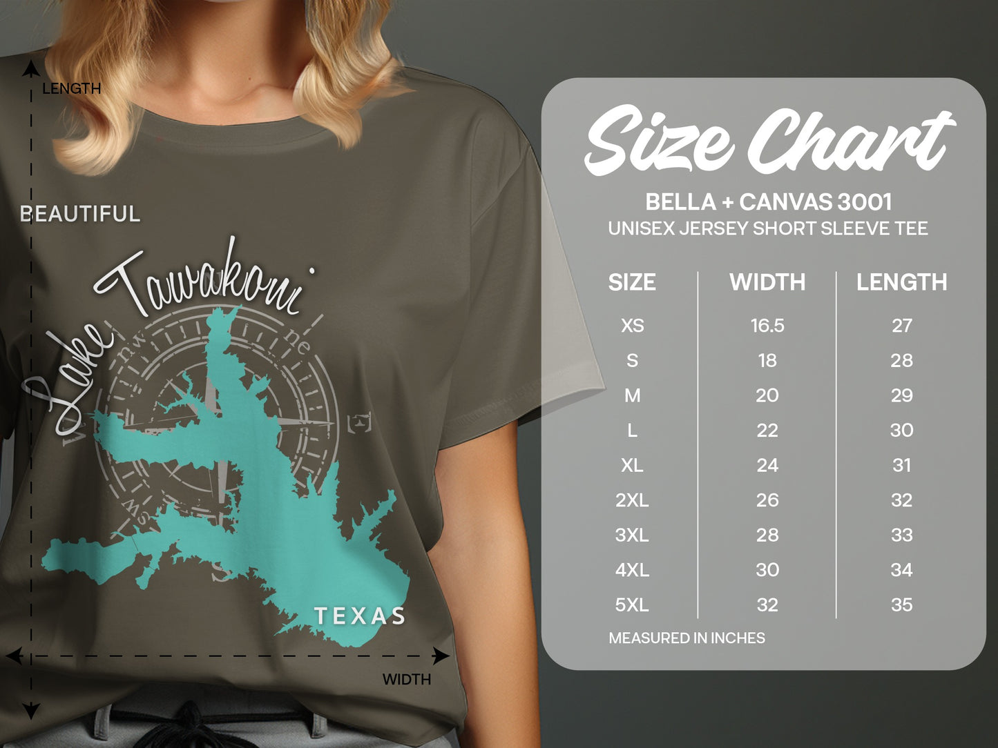 Tawakoni Lake map graphic on a Bella + Canvas unisex t-shirt.