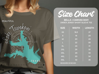 Tawakoni Lake map graphic on a Bella + Canvas unisex t-shirt.