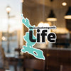 "Moose look meguntic" and "life" sticker with lake outline on glass