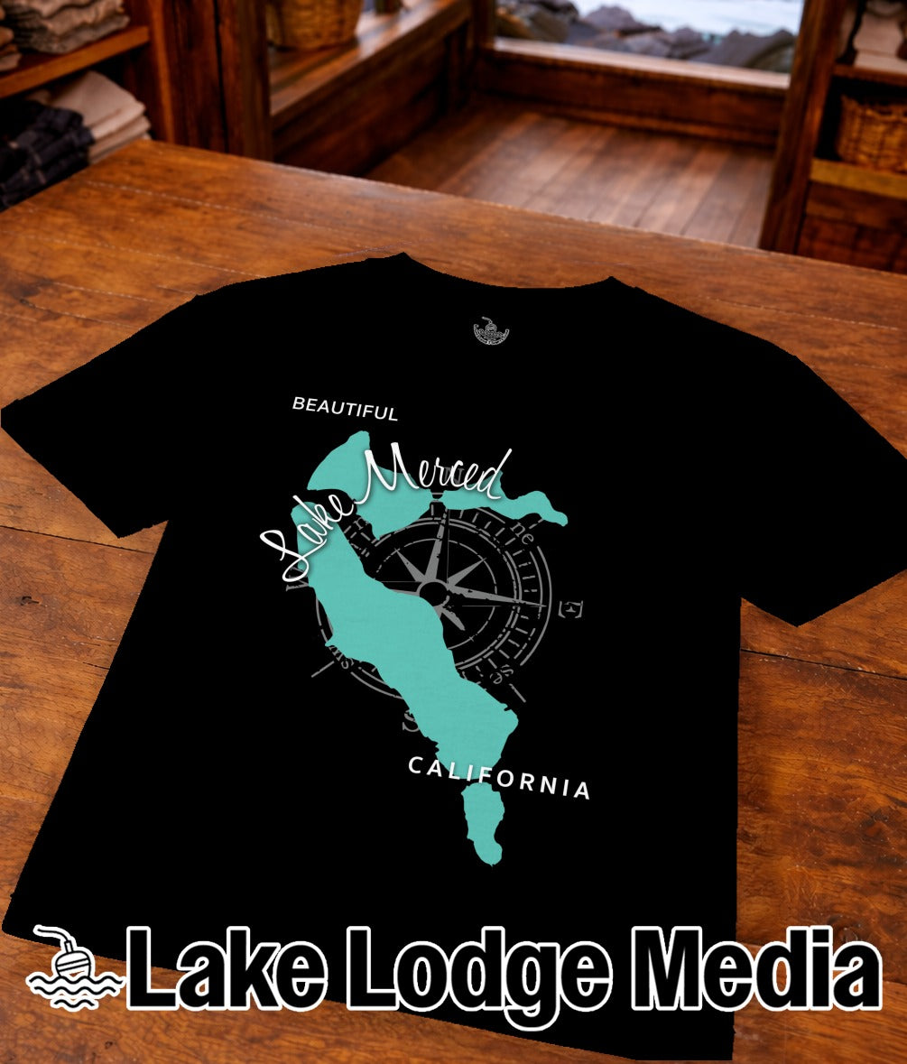 Black t-shirt with teal map of Lake Merced, California and "Lake Lodge Media" logo.