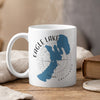 White mug with Eagle Lake, California map and compass design.