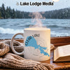 White mug with "Clear Lake California" text and lake outline on a window sill.