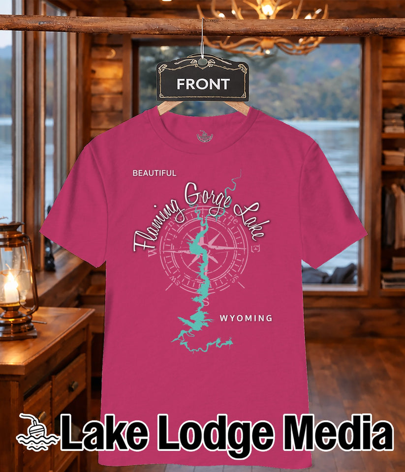 Pink t-shirt with a compass rose and map of Flaming Gorge Lake, Wyoming.