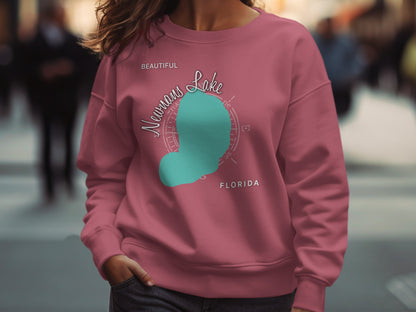 Pink sweatshirt with a teal map of Newman's Lake, Florida.
