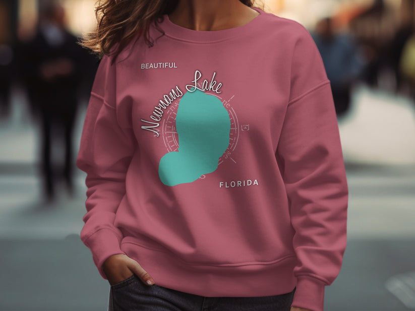 Pink sweatshirt with a teal map of Newman's Lake, Florida.