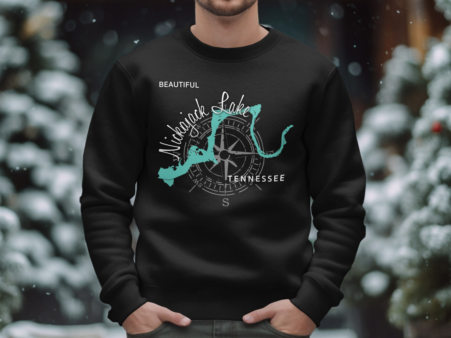 Black sweatshirt with a map of Nickajack Lake, Tennessee and compass rose.