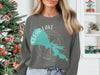 Dark grey crewneck sweatshirt with turquoise Clear Lake California map and compass graphic.