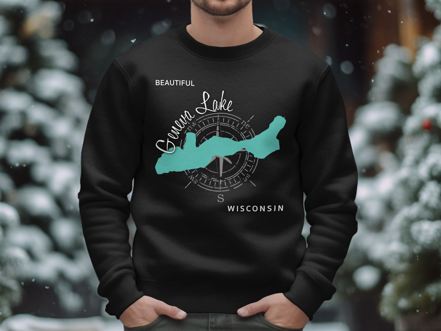 Black sweatshirt with teal Geneva Lake, Wisconsin map design.