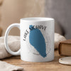 White mug with blue Lake Mohave graphic and compass rose design.