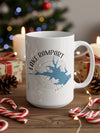 White mug with Lake Rampart Colorado map and compass design.