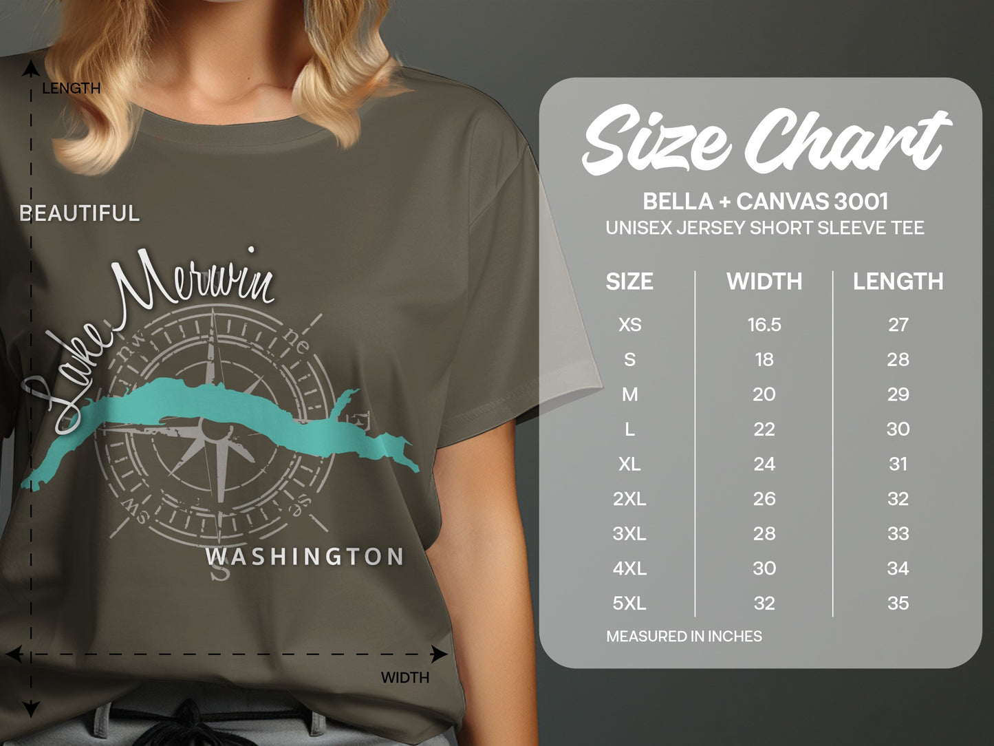 T-shirt size chart showing chest width and length for Bella + Canvas 3001 unisex tee.