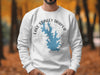 White sweatshirt with Lake Stanley Draper map and compass design, Oklahoma.