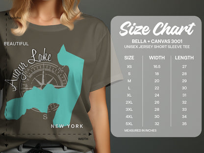 T-shirt with Lake Hopatcong map and size chart.
