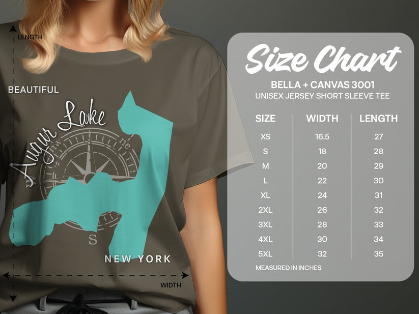 T-shirt with Lake Hopatcong map and size chart.