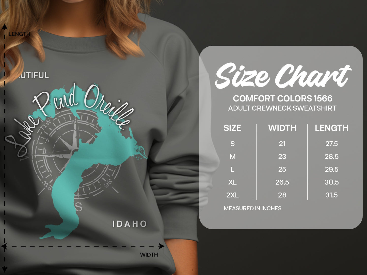 Lake Pend Oreille Idaho sweatshirt size chart with measurements.