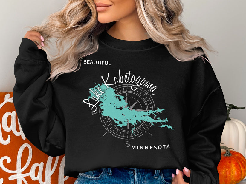 Black sweatshirt with Lake Kabekona map and compass graphic.