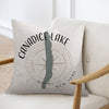 Canadice Lake New York pillow with compass rose and lake outline.