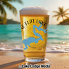 Glass of beer with "NE FLAT LAKE" and California outline graphic on beach