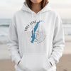 White hoodie with Yale Lake Washington map and compass graphic.