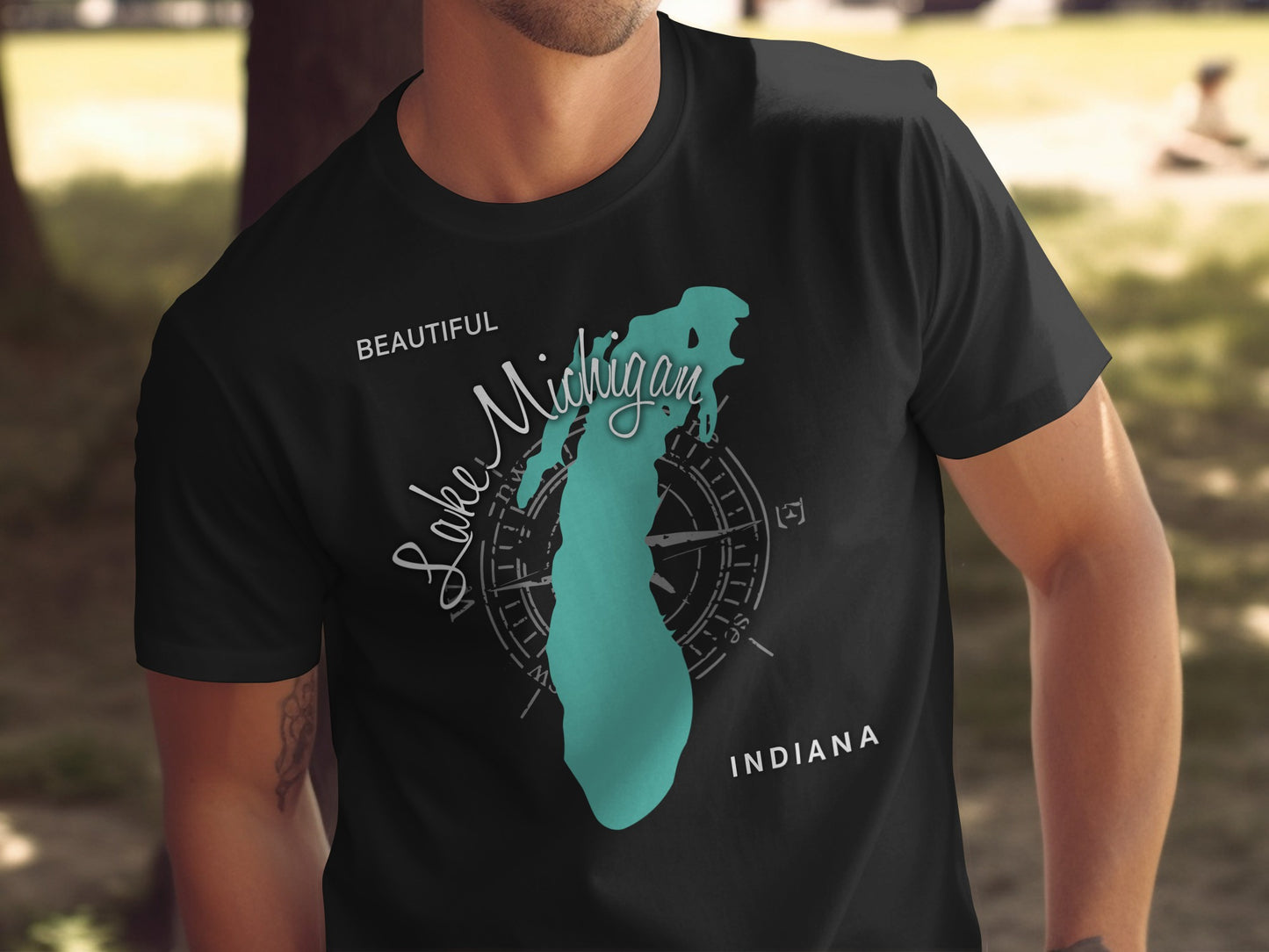 Black t-shirt with "Lake Michigan Indiana" text and compass graphic.