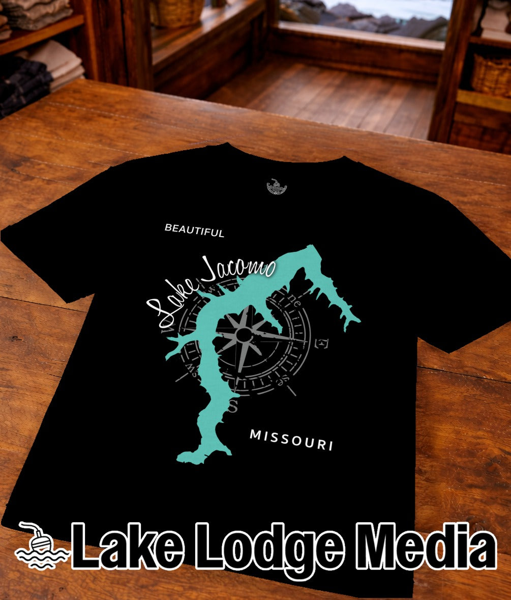 Black t-shirt with teal map of Lake Jacomo, Missouri, and compass rose.