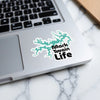 Sticker of Mark Twain Lake outline and text "Mark Twain Life" on laptop.