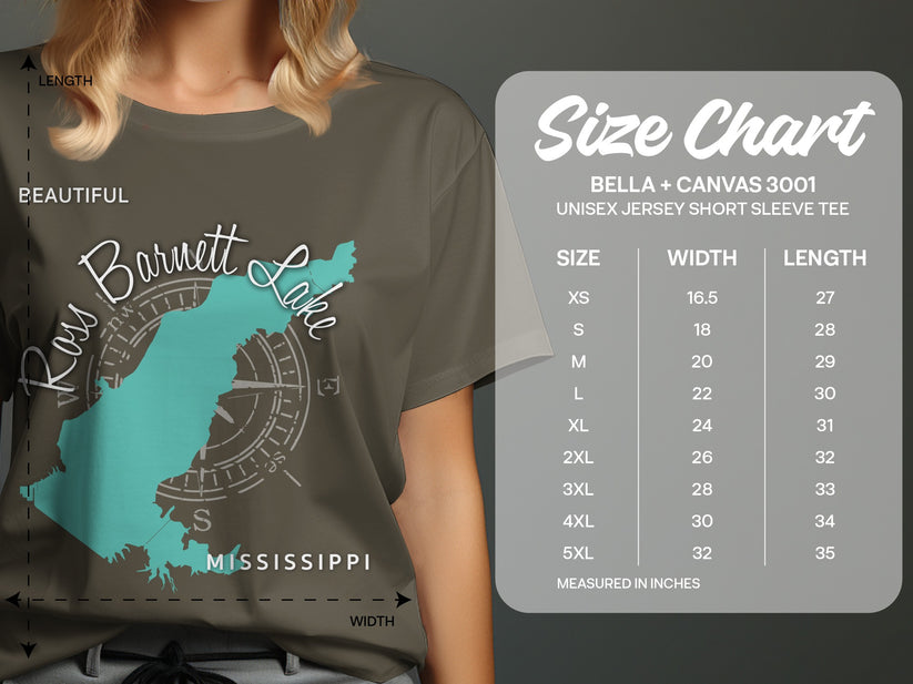 T-shirt size chart for Bella + Canvas 3001 with Mississippi Barnett Lake graphic.
