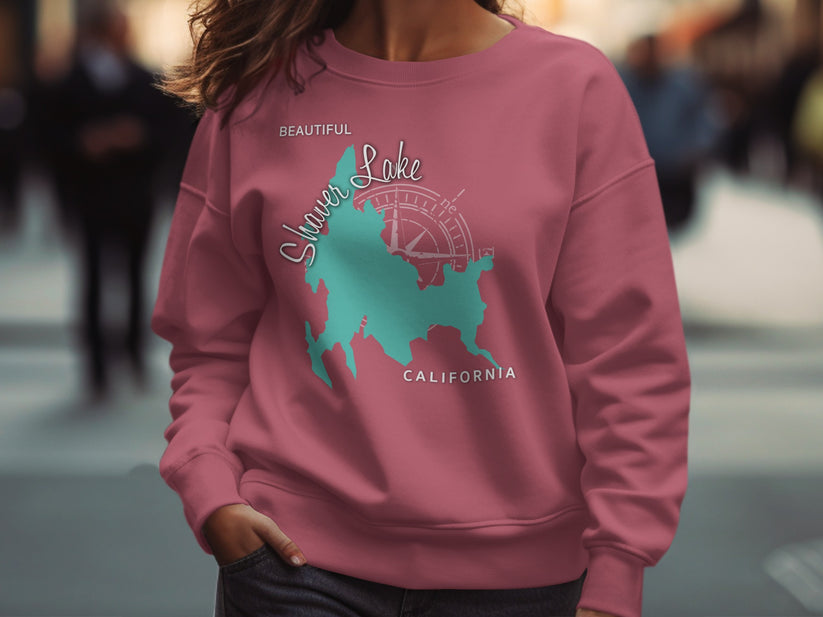 Sweatshirt with Shaver Lake, California graphic and compass rose.