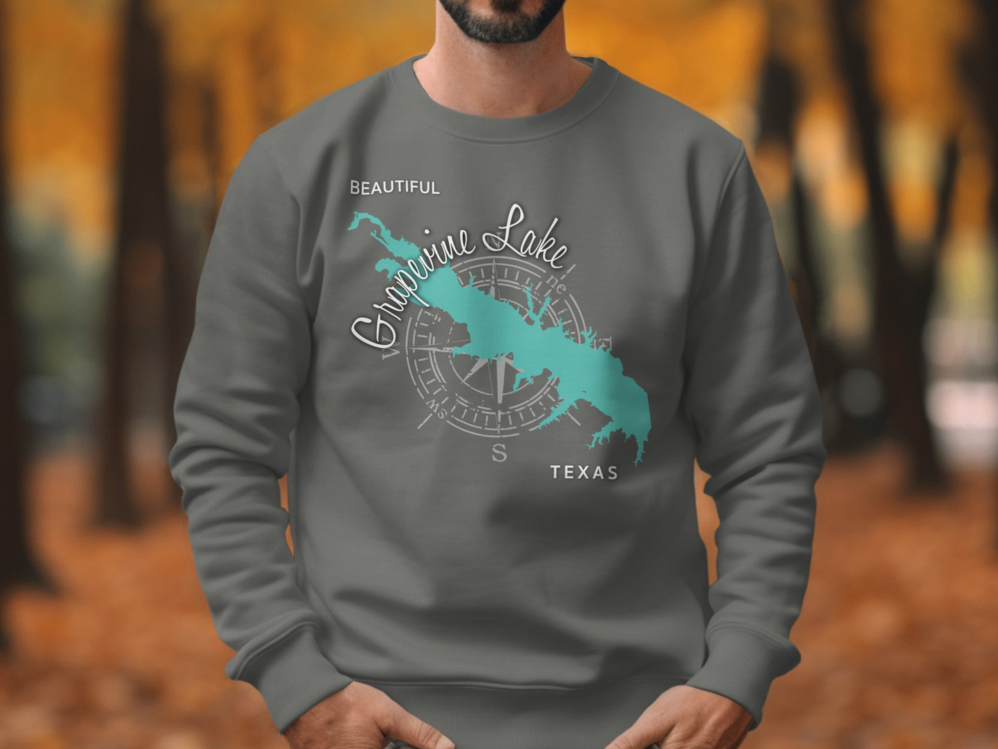 Crewneck sweatshirt with Grapevine Lake map and compass design.