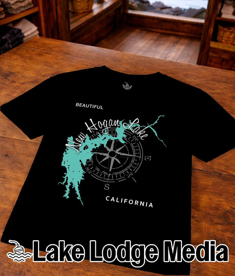 Black t-shirt with compass graphic and "Beautiful New Hogan Lake California" text.