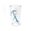 Clear glass pint glass with Long Lake map and compass design.