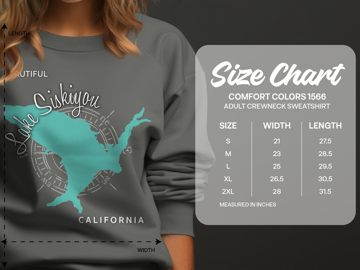 Comfort Colors size chart for adult crewneck sweatshirt, measured in inches.