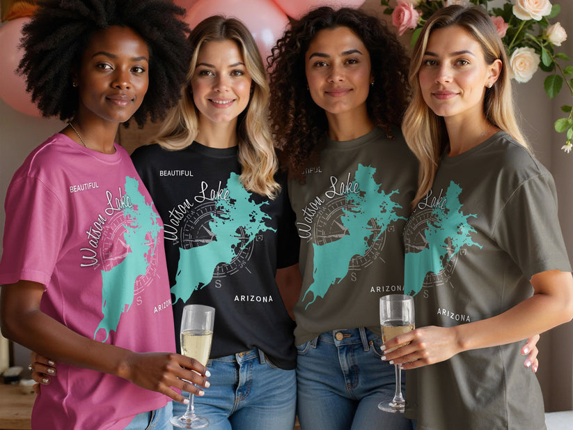 Four women in t-shirts with Watson Lake, Arizona graphic designs.