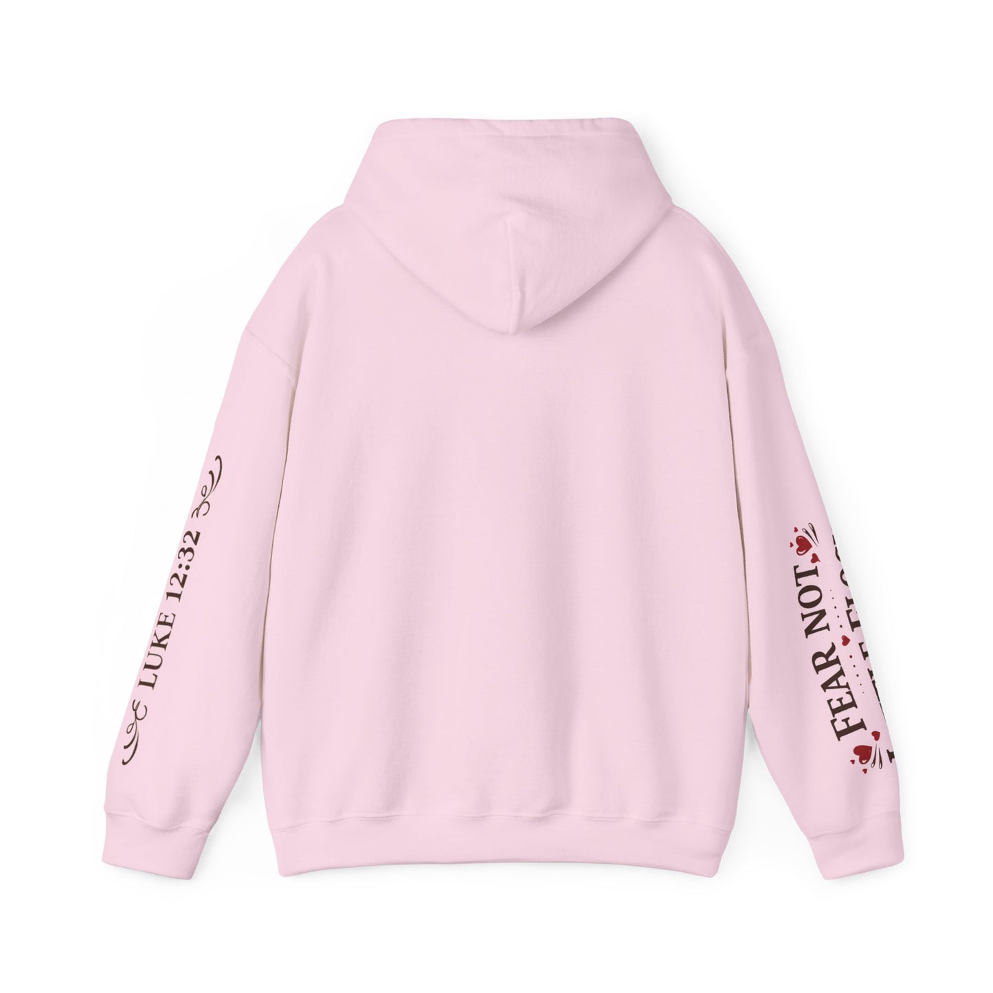 Fear Not Little Flock Hoodie with Printed Sleeves | Luke 12:32 Scripture Heart Design Bible Verse Gift | Share your faith