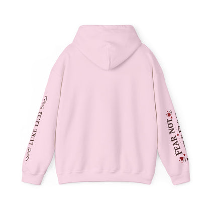 Fear Not Little Flock Hoodie with Printed Sleeves | Luke 12:32 Scripture Heart Design Bible Verse Gift | Share your faith