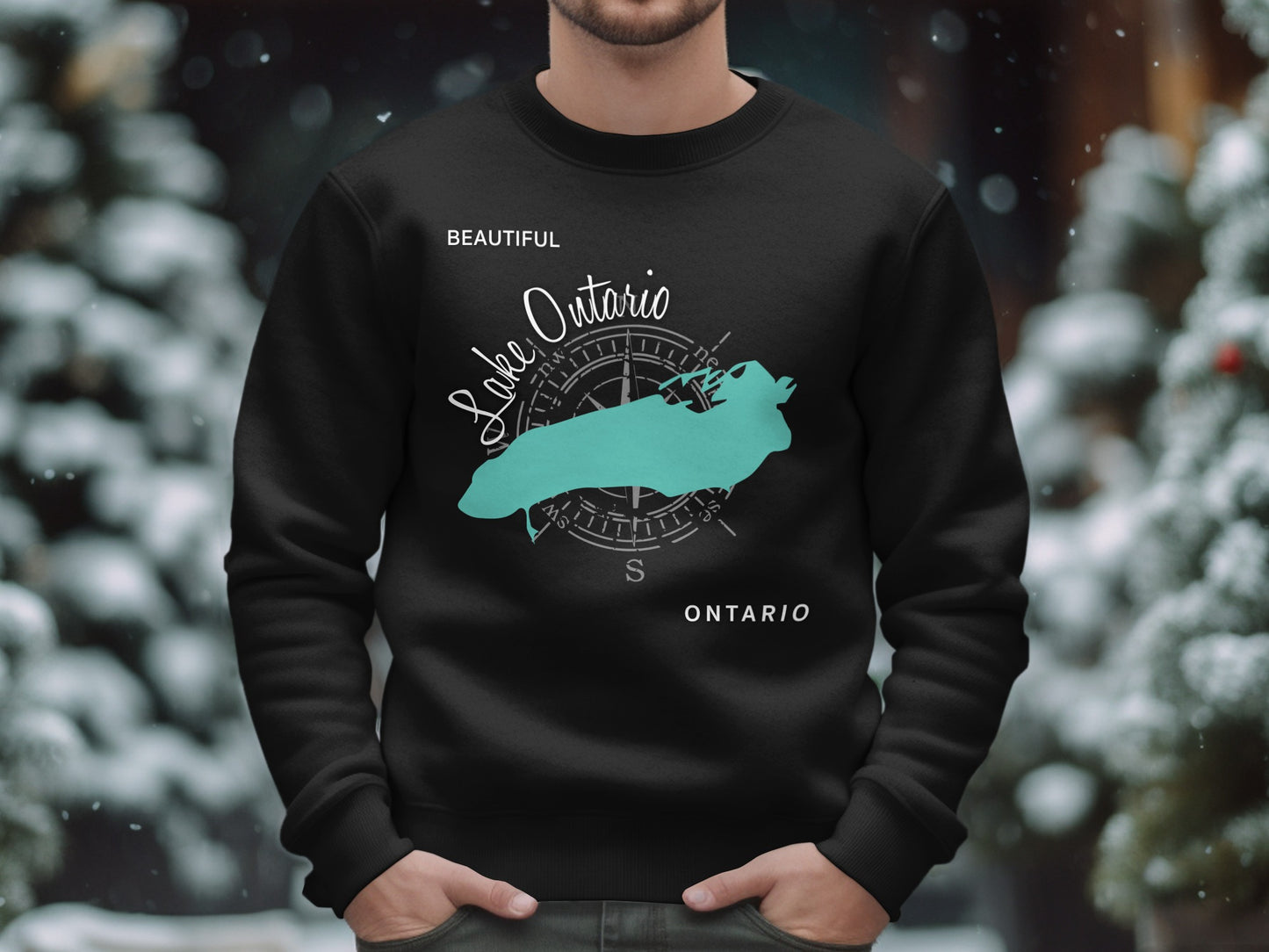 Black sweatshirt with a teal graphic of Lake Ontario and compass rose.