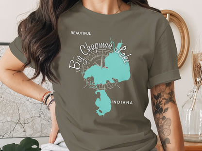 T-shirt featuring a stylized map of Big Chapman Lake, Indiana.