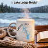 White mug with "Falcon Lake Texas" design, compass, and steamy hot beverage.