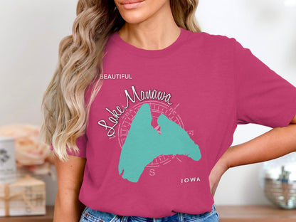 Pink t-shirt with "Lake Manawa Beautiful" text and map outline of Iowa.