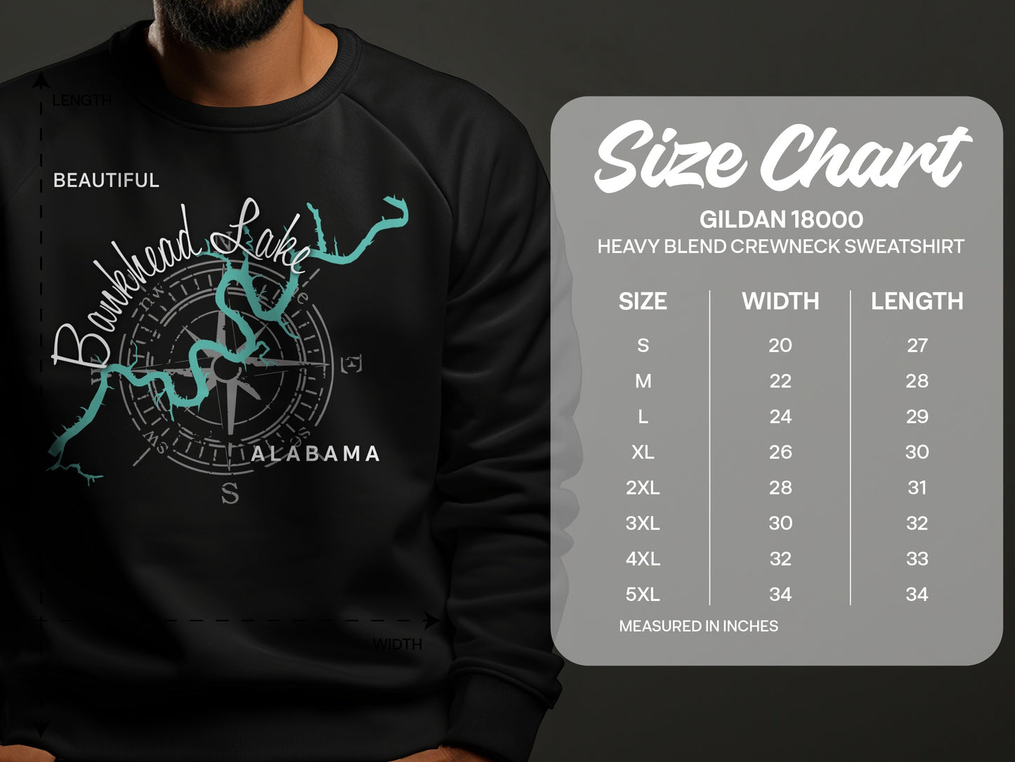 Sweatshirt with Bankhead Lake map graphic and Gildan 18000 size chart.