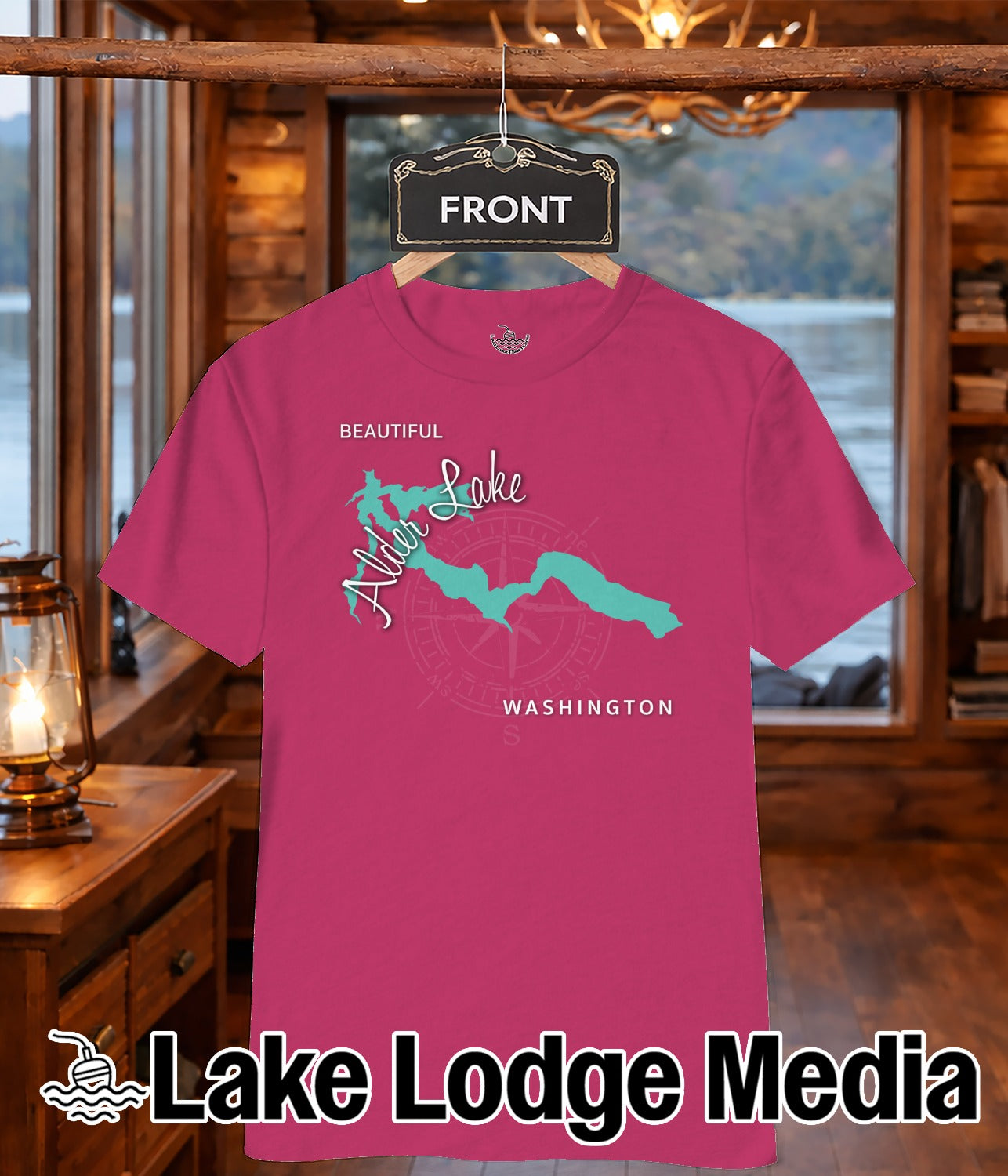 Pink t-shirt featuring a map of Alder Lake, Washington.